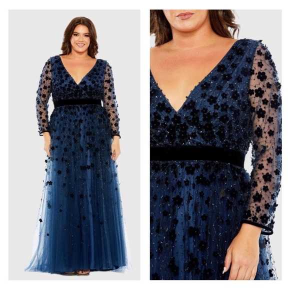 Mac Duggal 67502 NWT Floral Applique Long Sleeve A Line Gown - Picture 1 of 7
